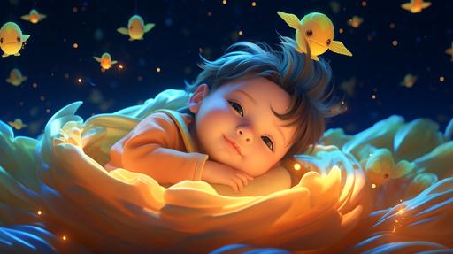 A Cartoon 3D rendering capturing radiating calm during with sleeping cute baby gold bill with nice looking. The background is glittering, Makoto Shinkai style in neon color, Newborn, vibrant 3D. Art Form: Cartoon 3D Inspiration: Cartoon Network Studios --ar 16:9 --v 5.2