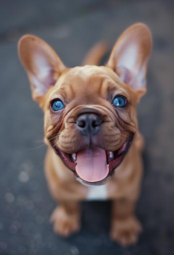 a photograph portrait of a brown Frenchie bulldog Puppy, very cute, happy and playful, blue eyes, kodak 200T, fine grain, 16-35mm, --ar 13:19 --v 6.0