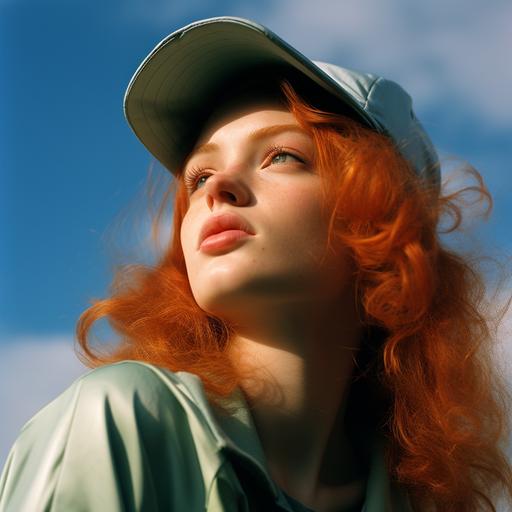 21 - year - old redheaded girl, 80s street fashion, tennis visor hat smoking a cigarette, UFO flying overhead, 1980s vintage, electric blue and lime green palette, filmic grain, kodachrome, hyper - realistic, extreme detail, dreamy, extreme soft diffusion, green gel key light, extremely sharp focus, cinematic photography, moody, portraiture, shot with the Nikon Z9