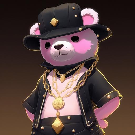 Cute cartoon, white-black bear without chains on his body, dressed in a black open shirt, pink high a hat with gold chains, NFT in 2D