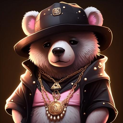 Cute cartoon, white-black bear without chains on his body, dressed in a black open shirt, pink high a hat with gold chains, NFT in 2D