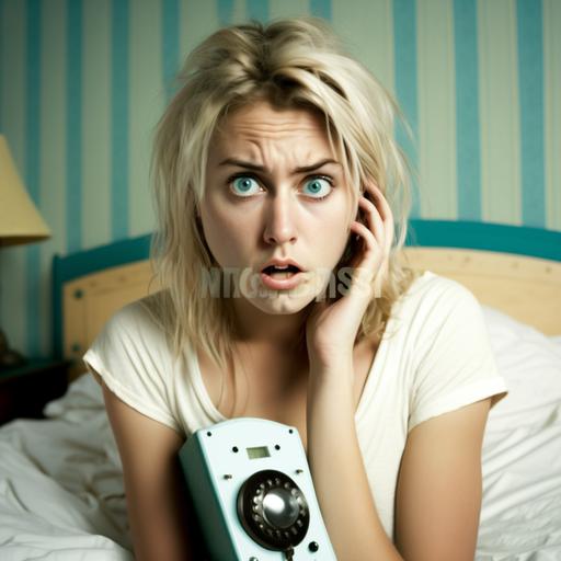 21 year old blonde Spanish girl with shoulder length straight messy hair in the middle of the frame stares to the right of the camera holding an old fashioned telephone to her ear looking confused plain white bed sheets cover the background directly behind her, she has bold light blue and white eye liner which surrounds her eye, 120mm format, 6 by 9 aspect ratio, cold temperature, low level dim lighting, soft lighting, photo realistic, clear facial features, portrait photography, ultra detailed, ultra realistic