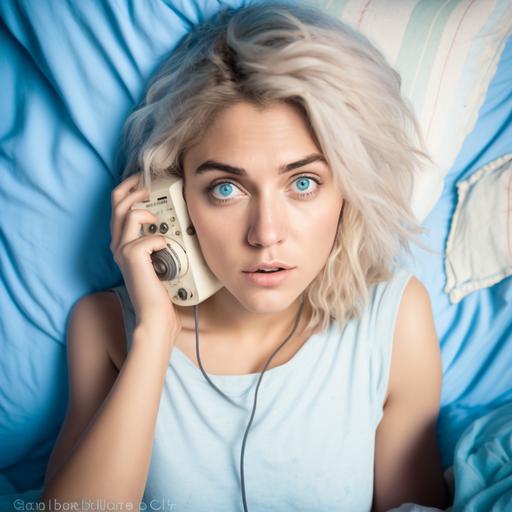21 year old blonde Spanish girl with shoulder length straight messy hair in the middle of the frame stares to the right of the camera holding an old fashioned telephone to her ear looking confused plain white bed sheets cover the background directly behind her, she has bold light blue and white eye liner which surrounds her eye, 120mm format, 6 by 9 aspect ratio, cold temperature, low level dim lighting, soft lighting, photo realistic, clear facial features, portrait photography, ultra detailed, ultra realistic
