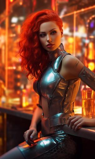 21 year old hot and cute attractive girl with long ginger liquid and translucent ponytail ginger hair looking like Scarlett Johansson with a silver makeup and lipstick having a cocktail in a bar, punk ginger hair, haptic suit, in a futuristic bedroom, photorealistic, photoshoot, lots of details, sharp, colorful, cyberpunk, volumetric lighting, hdr, 8k render --ar 3:5 --seed 4205703321 --v 5.1