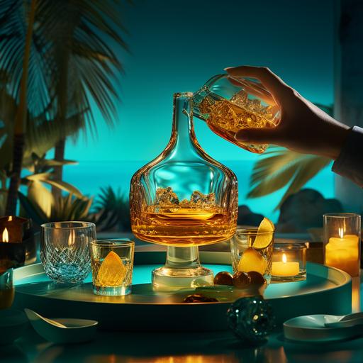3d rendering in an upscale setting adorned with shades of turquoise, a person is elegantly pouring mezcal from a bottle into glasses. The ambient lighting bathes the scene in a subtle, inviting glow. The deep amber hues of the mezcal flow gracefully into the glasses, creating a captivating visual display against the cool blue-turquoise backdrop.