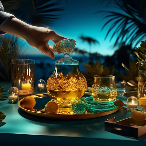 3d rendering in an upscale setting adorned with shades of turquoise, a person is elegantly pouring mezcal from a bottle into glasses. The ambient lighting bathes the scene in a subtle, inviting glow. The deep amber hues of the mezcal flow gracefully into the glasses, creating a captivating visual display against the cool blue-turquoise backdrop.