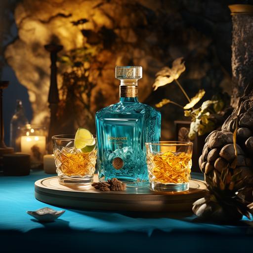 In an elegant setting adorned with turquoise hues, an individual is seen gracefully pouring mezcal. The ambient lighting casts a gentle glow, accentuating the refined atmosphere. The rich amber tones of the mezcal glisten in the glass, creating a captivating visual contrast against the cool blue-turquoise backdrop. The scene exudes sophistication and invites an immersive experience, where the artistry of mezcal service is elevated to match the stylish ambiance. studio photo, shooting mode,   Cinematic lighting, Unreal Engine 5, Cinematic, Color Grading, Editorial Photography, Photography, Photoshoot, Shot on 70mm lense, Depth of Field, DOF, Tilt Blur, Shutter Speed 1/1000, F/22, White Balance, 32k, Super-Resolution, Megapixel, ProPhoto RGB, VR, tall, epic, artgerm, alex ross, Halfrear Lighting, Backlight, Nat