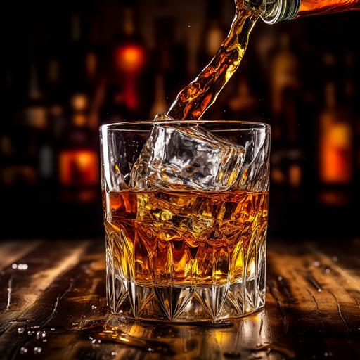 bourbon splashing vigorously into a bourbon glass with ice in it, there should be some bourbon splashing out of the glass too, the background should have a bourbon barrel in it, the rest of the background should be black ar 18:10