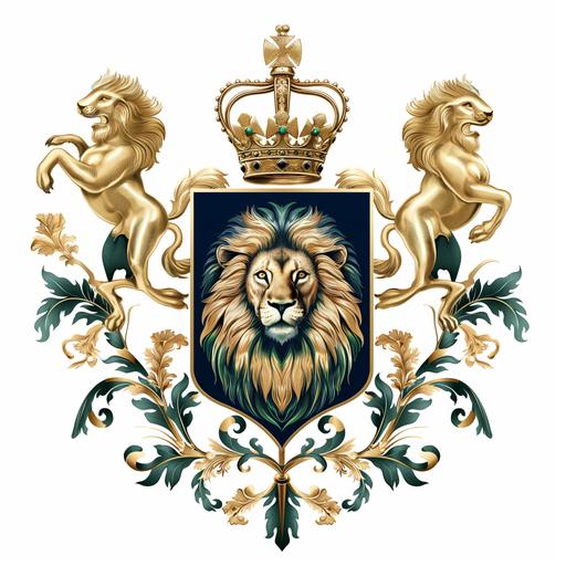 a royal family symbol contain a lion, a dear and a flag with white background with blue gold and green --v 6.0