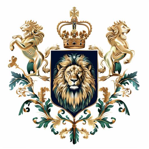 a royal family symbol contain a lion, a dear and a flag with white background with blue gold and green