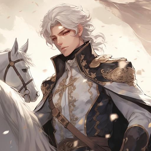 keep exact same style, white hair, blue eyes, anime guy, knight in historical outfit, kind face, on horse