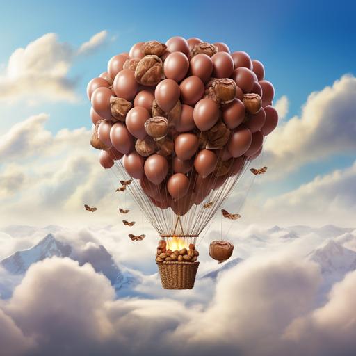 Christmas themed flying balloon consisting of hazelnuts flying above the clouds