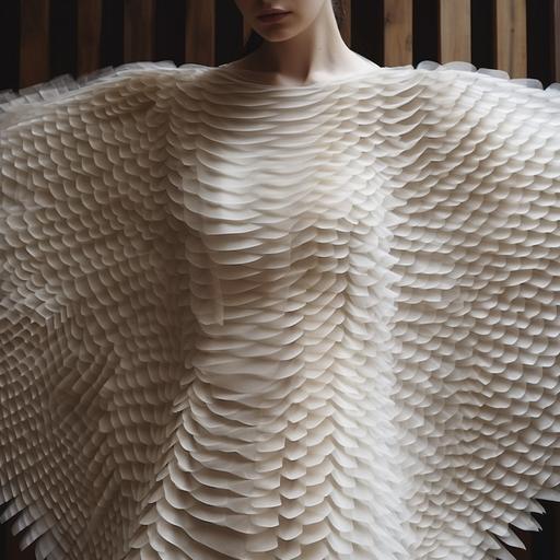 Texture sleeves they look like wings shape in degradee of texture in a jumpsuit. The model is beautiful. The space neutral