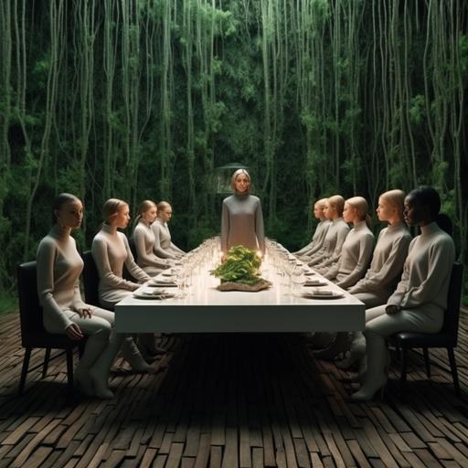 group of diferent women with textured jumpsuit . Inspired in artist Vanessa Beecroft. Having dinner in a long wood luxurious table. 8k