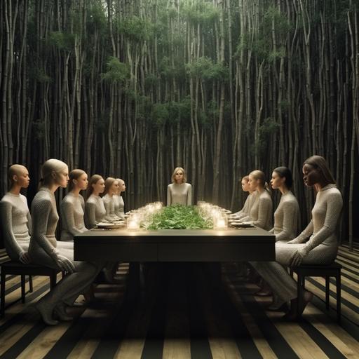 group of diferent women with textured jumpsuit . Inspired in artist Vanessa Beecroft. Having dinner in a long wood luxurious table. 8k