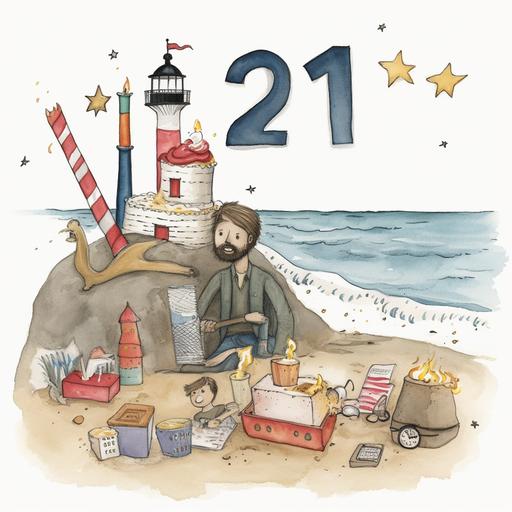 21st birthday card, a card with number 21, a brown haired boy in a cowboy hat, martini glasses, cakes with candles, seals, a lighthouse, with lots of confetti