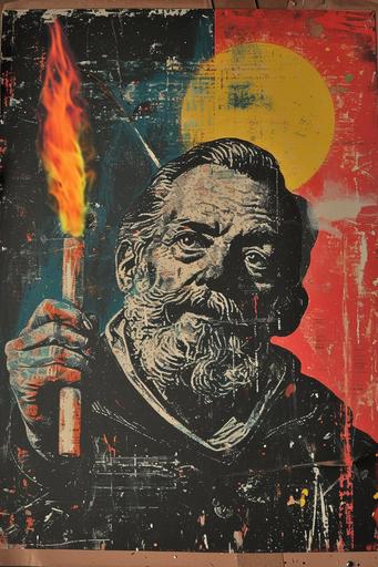 21st century blockprint collage of Galileo Galilei burning on the stake for promoting a heliocentric worldview, 80s hand-print vibes, tacked to a notice board --ar 2:3 --v 6.0