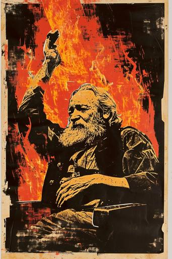 21st century blockprint collage of Galileo Galilei burning on the stake for promoting a heliocentric worldview, 80s hand-print vibes, tacked to a notice board --ar 2:3 --v 6.0