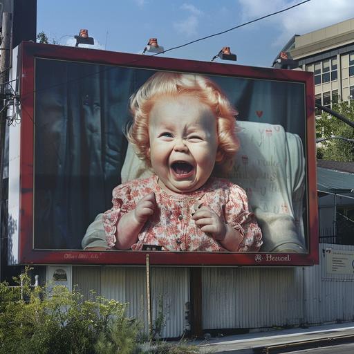 a photographic billboard advertisement featuring a 60 year-old red-haired woman with rubber skin, no wrinkles, dressed like a toddler, with rubber-like skin , like rubber skin dressed like a toddler, in toddler or baby clothing, advertisement, laughing