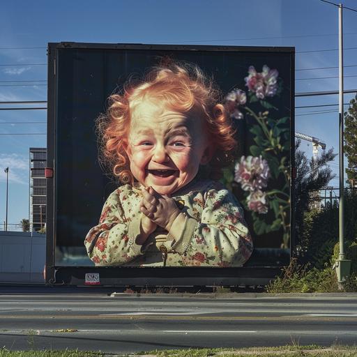 a photographic billboard advertisement featuring a 60 year-old red-haired woman with rubber skin, no wrinkles, dressed like a toddler, with rubber-like skin , like rubber skin dressed like a toddler, in toddler or baby clothing, advertisement, laughing