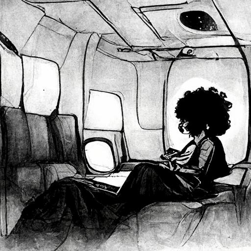 black lineart sketch manga of black woman with curly hair sitting in airplane at night moon from small airplane window watching a screen behing front seat