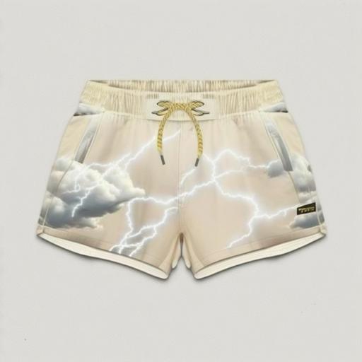cream-colored Silky Mesh Fabric shorts with clouds and lightning