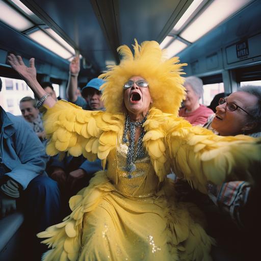 imagine a wide angle lens shot in an 1980's photojournalistic style of a 70 year old woman wearing a navy blue and bright lemon colored feathered opera costume while seated and singing dramatically on a chicago subway train while people try to ignore her