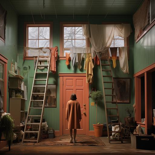 photograph full color james evans style of a house inside of a house, in this house there is a woman who is hanging laundry while standing on a ladder, it is raining outside