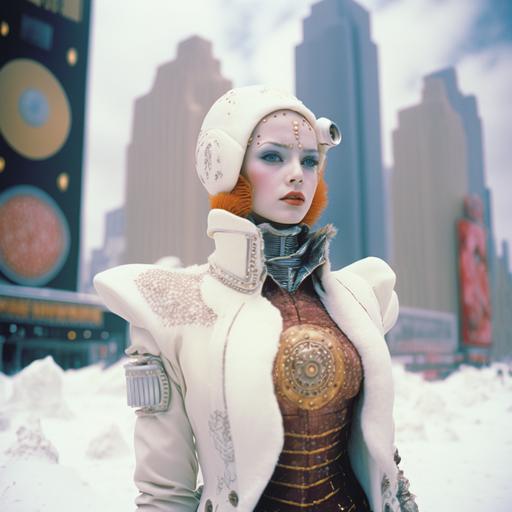 2200s north pole nyc, fashionable cyborg snowwoman posing , dune movie scene, psychedelic cyberpunk, photographed on grainy medium format Kodak Portra 800 film SMC Takumar 105mm f/2.8 c 50, cyberchitect --v 4