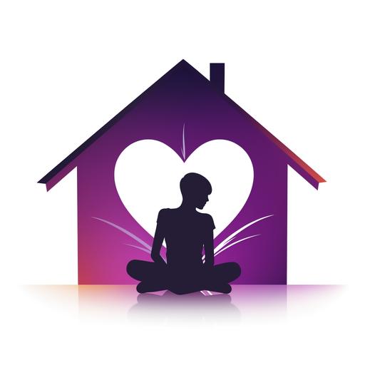 vector logo, minimalism, asexual happy teenager sitting in house, silhouette, heart shape shadow, care, white background
