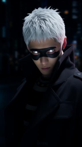 Image of Satoru Gojo from Jujutsu Kaisen as a real human model, glacier colored iris, real photo, High-quality, masterpiece, youth, stylish and handsome, eyes are blocked by black handkerchief, angular face, black uniform, male focal point, solo, gray hair, shibuya station's neon light in the background. photorealism --v 5.2 --s 50 --style raw --ar 9:16