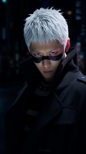 Image of Satoru Gojo from Jujutsu Kaisen as a real human model, eyes especially iris should be shining blue color as a glacier, real photo, High-quality, masterpiece, youth, stylish and handsome, eyes are blocked by black handkerchief, angular face, black uniform, male focal point, solo, gray hair, shibuya station's neon light in the background. photorealism --v 5.2 --ar 9:16 --s 50 --style raw