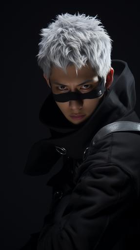 Image of Satoru Gojo from Jujutsu Kaisen as a real human model, real photo, High-quality, masterpiece, youth, stylish and handsome, eyes are blocked by black handkerchief, angular face, black uniform, male focal point, solo, gray hair, Tokyo's neon light background. photorealism --v 5.2 --ar 9:16 --s 50 --style raw