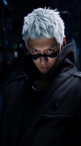 Image of Satoru Gojo from Jujutsu Kaisen as a real human model, clear skyblue eyes, real photo, High-quality, masterpiece, youth, stylish and handsome, eyes are blocked by black handkerchief, angular face, black uniform, male focal point, solo, gray hair, shibuya station's neon light in the background. photorealism --v 5.2 --ar 9:16 --s 50 --style raw