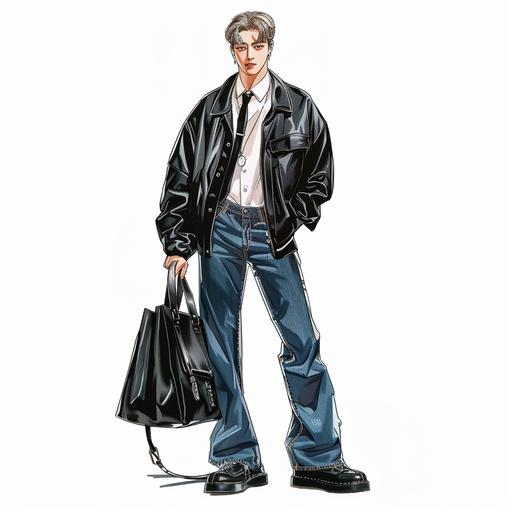 fashion design illustration, for men, model is a handsome tall Korean guy(white skin) with a bit long stylish blonde hair. airpods max is hanged on his neck, white shirt, black tie, stylish adidas black jacket, washed long wide blue denim pants, dr.martens, he is holding black leather bag, background color should be white. --v 6.0