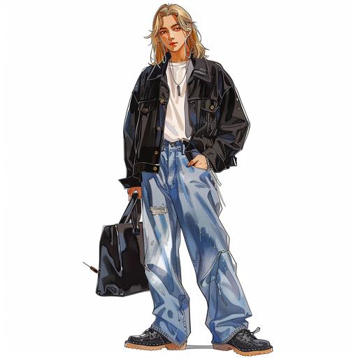 fashion design illustration, for men, model is a handsome tall Korean guy(white skin) with a bit long stylish blonde hair. airpods max is hanged on his neck, white shirt, black tie, stylish adidas black jacket, washed long wide blue denim pants, dr.martens, he is holding black leather bag, background color should be white.