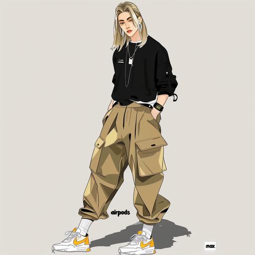 fashion design illustration, for men, model is a handsome tall Korean guy(white skin) with a bit long stylish blonde hair. put his hands in his pockets, 