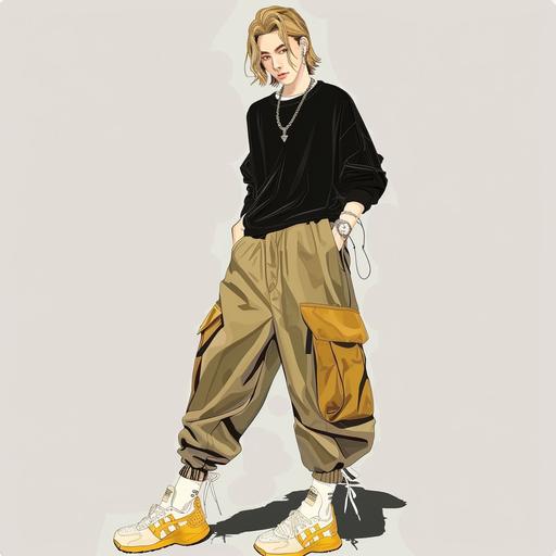 fashion design illustration, for men, model is a handsome tall Korean guy(white skin) with a bit long stylish blonde hair. put his hands in his pockets, airpods max is hanged on his neck, expensive style black knit, and white T-shirt layering, khaki colored wide cargo pants with ankle-tied. white socks, shoes are yellow onitsuka tiger (shoes model name: mexico 66), background color should be white