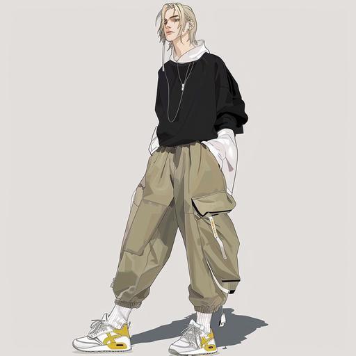 fashion design illustration, for men, model is a handsome tall guy(white skin) with a bit long stylish blonde hair. put his hands in his pockets, airpods max is hanged on his neck, expensive style black knit, and white T-shirt layering, khaki colored wide cargo pants with ankle-tied. white socks, shoes are yellow onitsuka tiger (shoes model name: mexico 66), background color should be white
