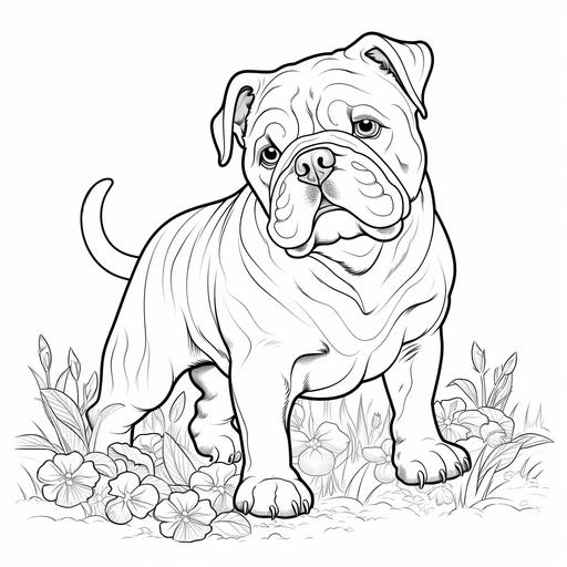 coloring page for kids, bulldog, cartoon style, thick line, low detailm no shading