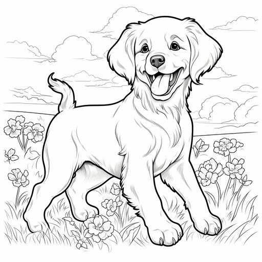 coloring page for kids, golden retriever, cartoon style, thick line, low detailm no shading