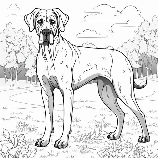coloring page for kids, great dane, cartoon style, thick line, low detailm no shading