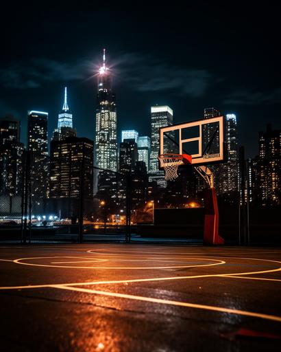 New York City skyline at night photographed from an outdoor basketball court, Shot close to the fence on an 85mm lens at f/1.4 from a low angle, 45 degree angle to basketball net, close to basketball hoop, photorealistic, photorealistic masterpiece, dof, bokeh, dramatic lighting, backlit, --ar 4:5