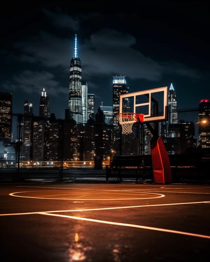 New York City skyline at night photographed from an outdoor basketball court, Shot close to the fence on an 85mm lens at f/1.4 from a low angle, 45 degree angle to basketball net, close to basketball hoop, photorealistic, photorealistic masterpiece, dof, bokeh, dramatic lighting, backlit, --ar 4:5