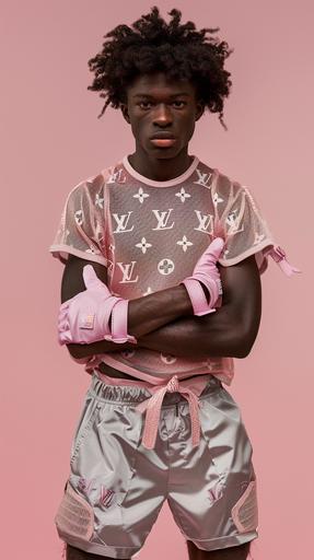 A brown male model with brown natural afro wearing a raw edge cropped Grey mesh Football Jersey, grey shorts, Pink Louis Vuitton gloves, pink background, super realistic style, --ar 9:16 --v 6.0