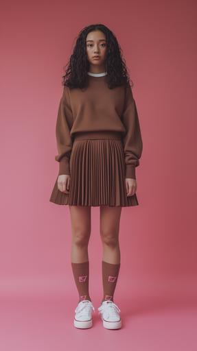 A hispanic female model wearing Brown short sleeve sweater with oversized sleeves, Brown pleated skirt, brown socks and white casual sneakers with pink lettering, Pink background, super realistic, shot with a sony camera, cinematic feel --ar 9:16 --v 6.0