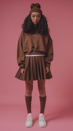 A hispanic female model wearing Brown short sleeve sweater with oversized sleeves, Brown pleated skirt, brown socks and white casual sneakers with pink lettering, tall brown cuffed beanie, Pink background, super realistic, shot with a sony camera, cinematic feel --v 6.0 --ar 9:16