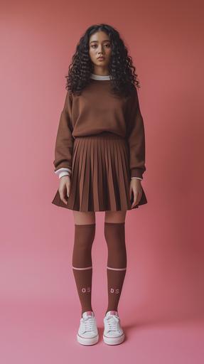 A hispanic female model wearing Brown short sleeve sweater with oversized sleeves, Brown pleated skirt, brown socks and white casual sneakers with pink lettering, Pink background, super realistic, shot with a sony camera, cinematic feel --ar 9:16 --v 6.0