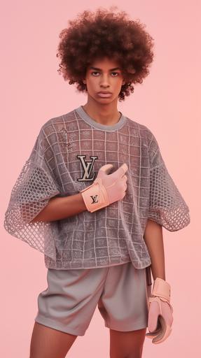 A straight brown male model with brown natural afro wearing a Grey mesh football Jersey, grey shorts, Pink Louis Vuitton fingerless gloves, pink background, super realistic style, --ar 9:16 --v 6.0