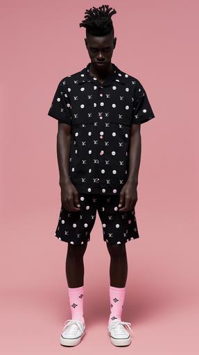 Black Male Model wearing a black short sleeve dress shirt and shorts set with an all over small pink smiley faces pattern. casual white sneakers, pink crew socks, Pink background, super realistic, Louis Vuitton inspired --ar 9:16 --v 6.0